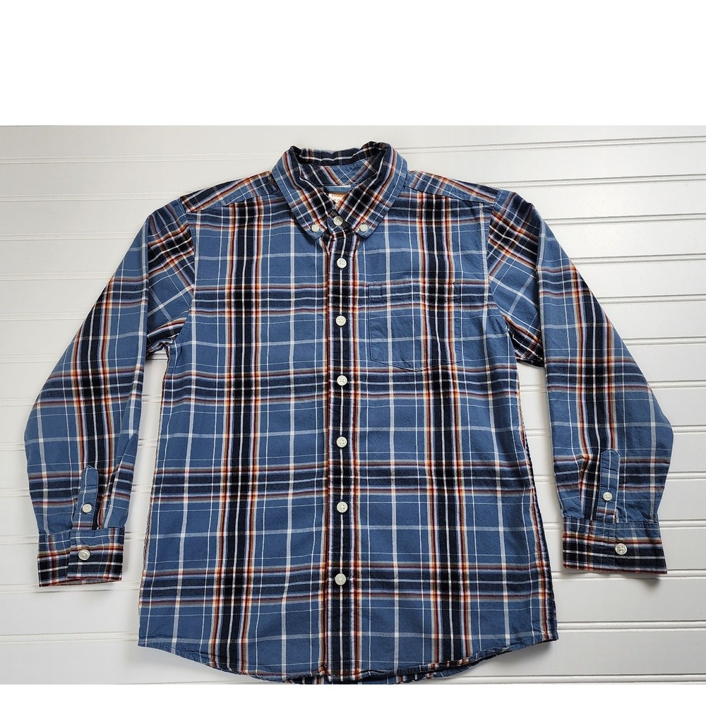 Gymboree Kids Plaid‎ Button Down Shirt Long Sleeve Blue Orange White Size M 7-8